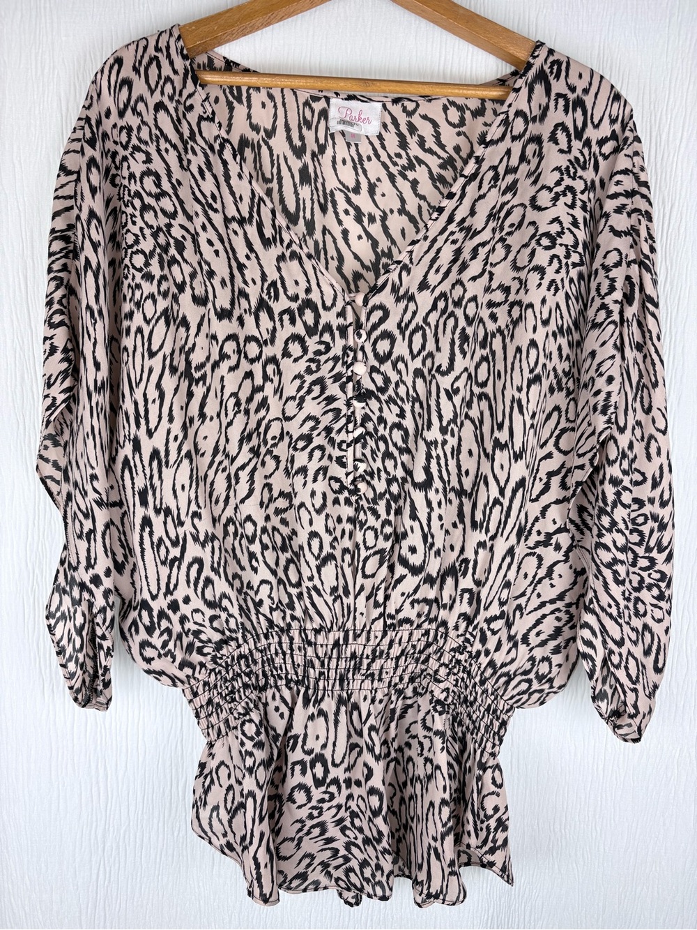 Parker 100% Silk Peplum Blouse, Animal Print, Women’s size Medium